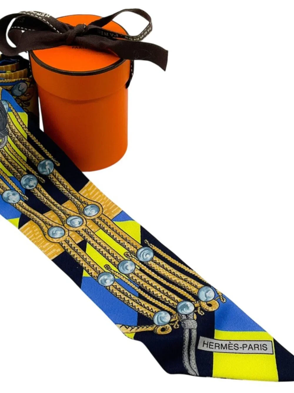 Hermès Blue / Yellow Brides et Gris-Gris silk Twilly Scarf